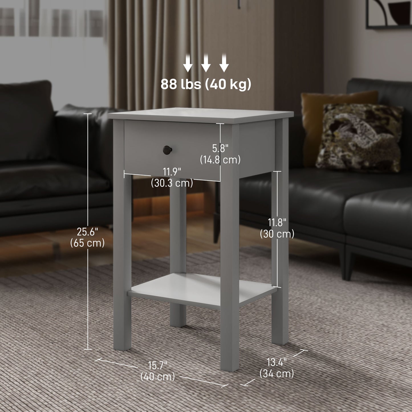 Lot de 2 tables d'appoint avec tiroir et étagère inférieure, table de chevet à 2 niveaux, salon, gris