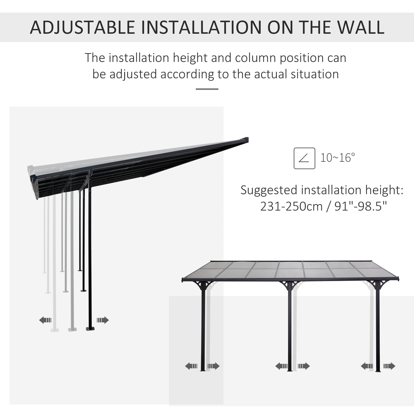 Pergola 14' x 10' avec toit rigide en polycarbonate, hauteur réglable, cadre en aluminium, protection UV, gris