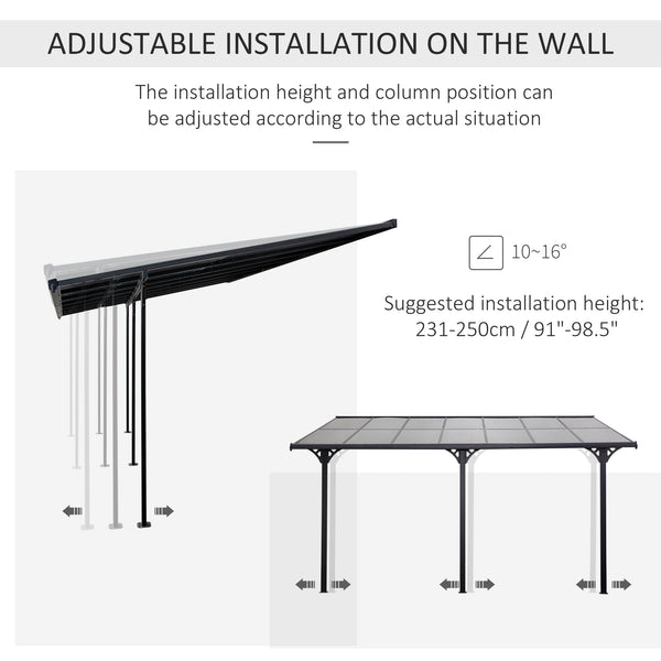 Pergola 14' x 10' avec toit rigide en polycarbonate, hauteur réglable, cadre en aluminium, protection UV, gris