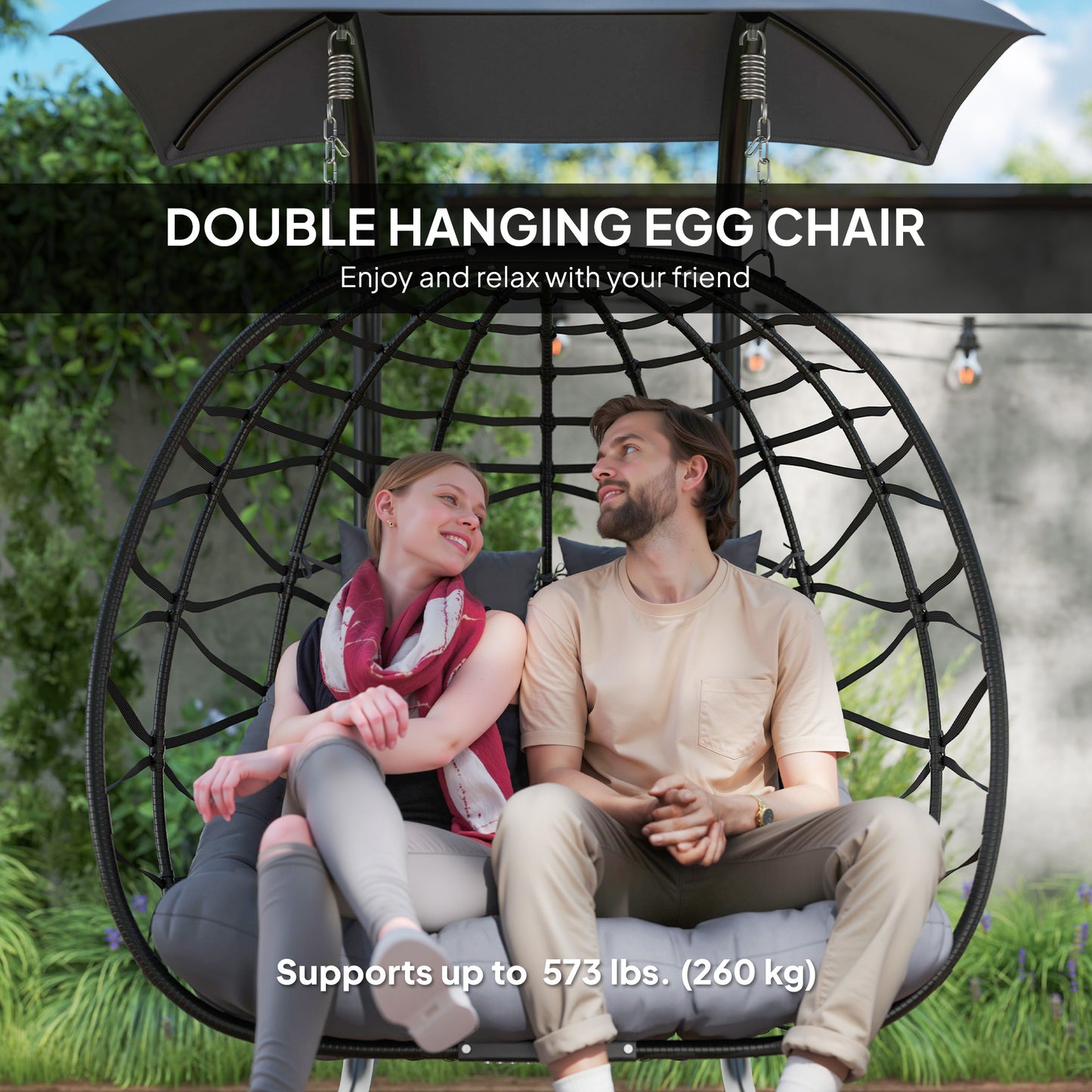 Outsunny Balancelle double en osier avec auvent, pliable et suspendue, avec appui-tête et coussin, noir