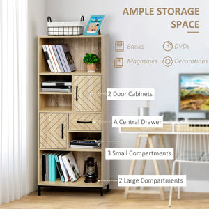 Bibliothèque avec armoires, tiroirs et compartiments ouverts, bois naturel