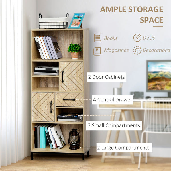 Bibliothèque avec armoires, tiroirs et compartiments ouverts, bois naturel