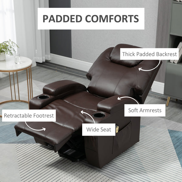 Fauteuil releveur électrique en cuir PU avec repose-pieds et porte-gobelets, marron