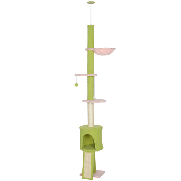 Arbre à chat de 221 à 241 cm, du sol au plafond, avec griffoir, condo et hamac, vert