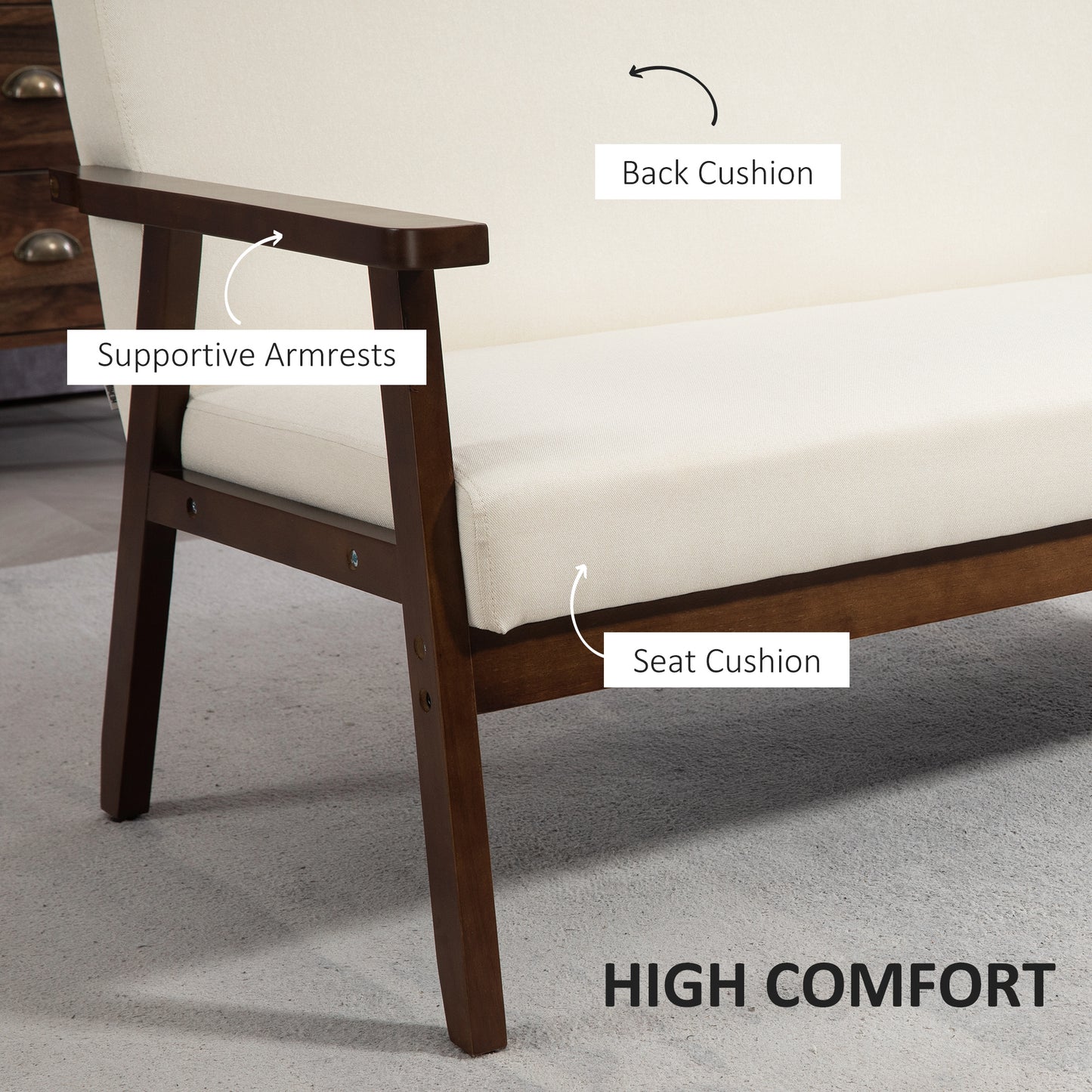 Compact sofa bed in linen fabric with rubberwood legs, cream white