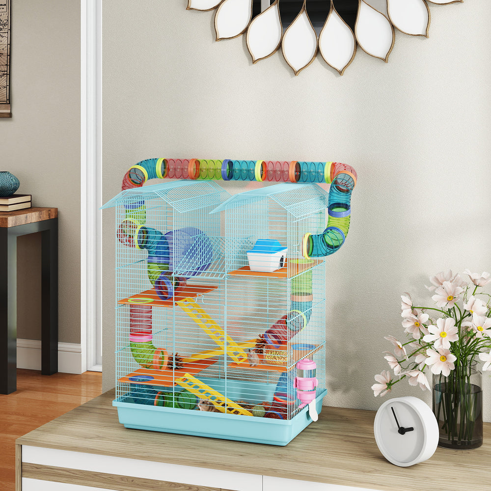 Cage pour hamste à 5 niveaux pour petits animaux avec système de tunnel, roue d'exercice, bouteille d'eau, bleu clair