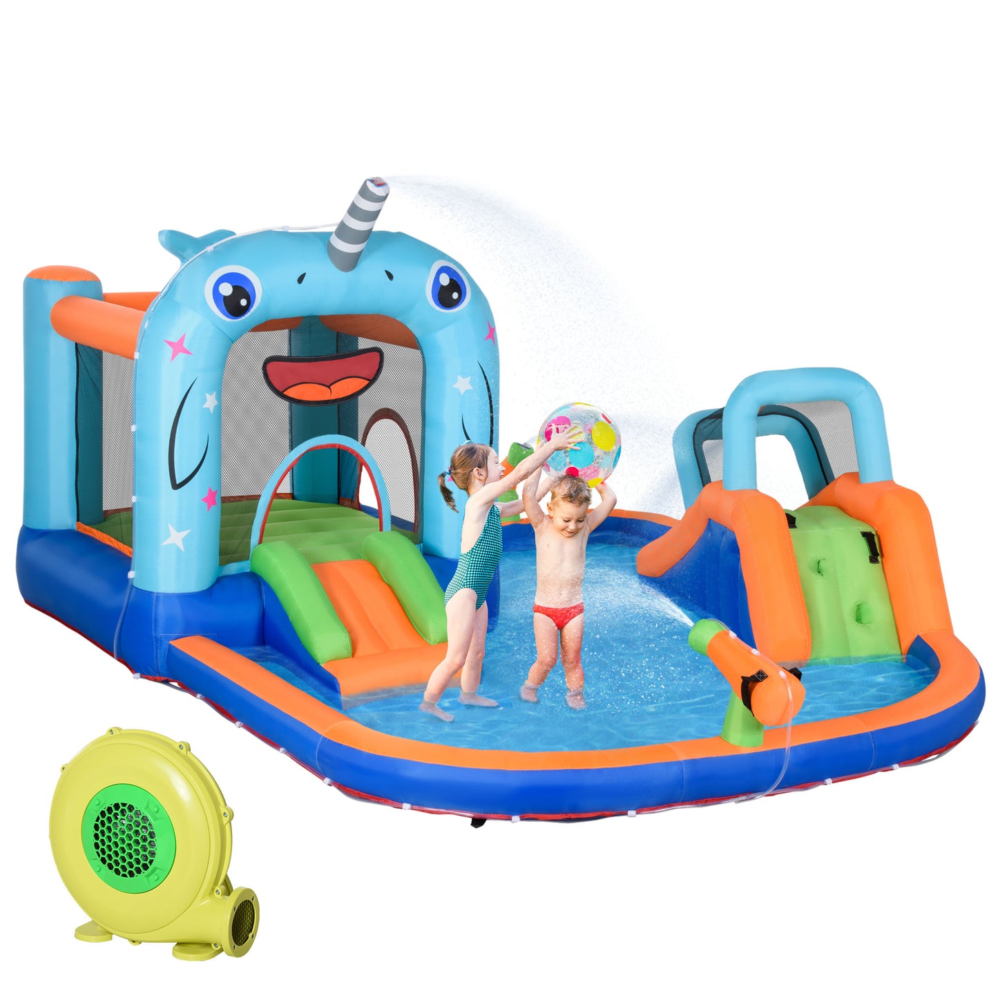 5 in 1 Narwhal Style Inflatable Water Slide for Kids with Slide, Trampoline, Pool, Water Gun, Climbing Wall, Carry Bag, 450W Air Blower
