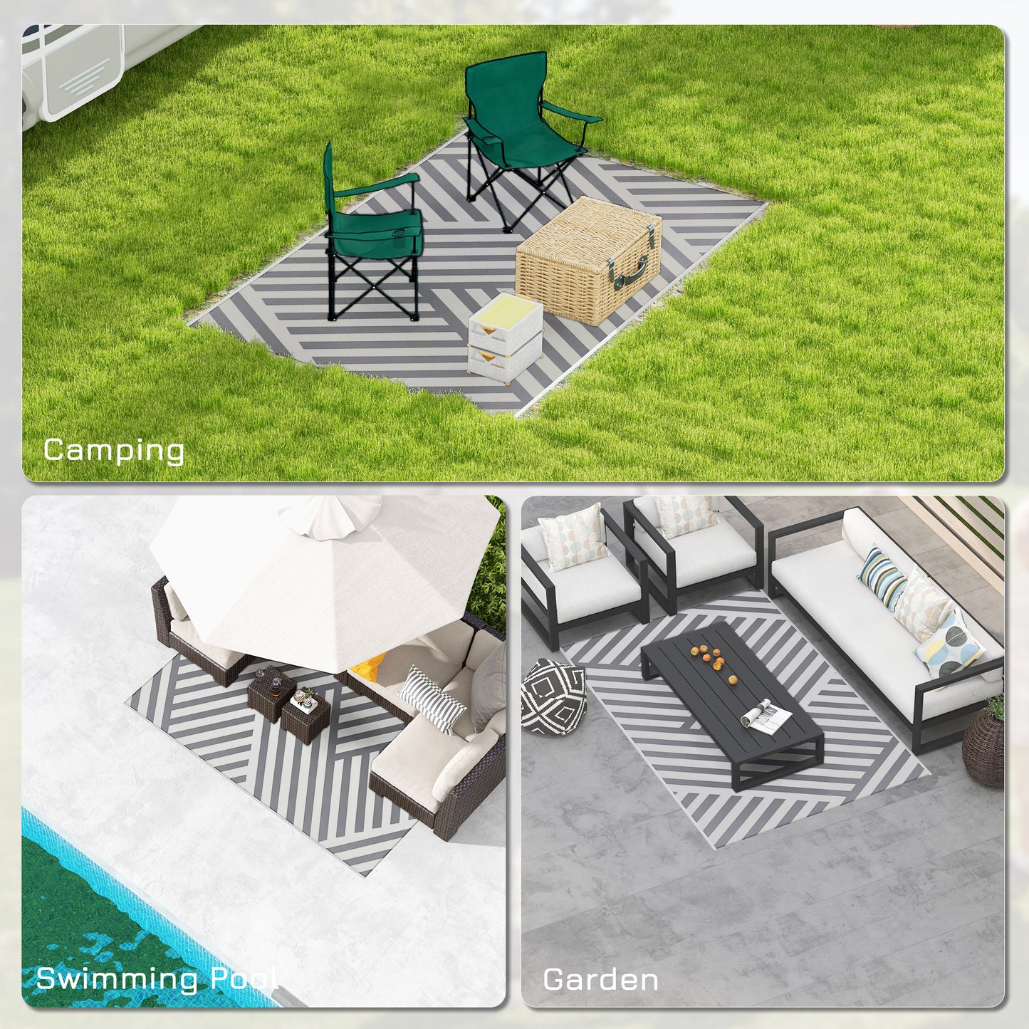 Tapis d'extérieur réversible pour patio, tapis en plastique 6' x 9' pour jardin, terrasse, plage, camping, gris et crème