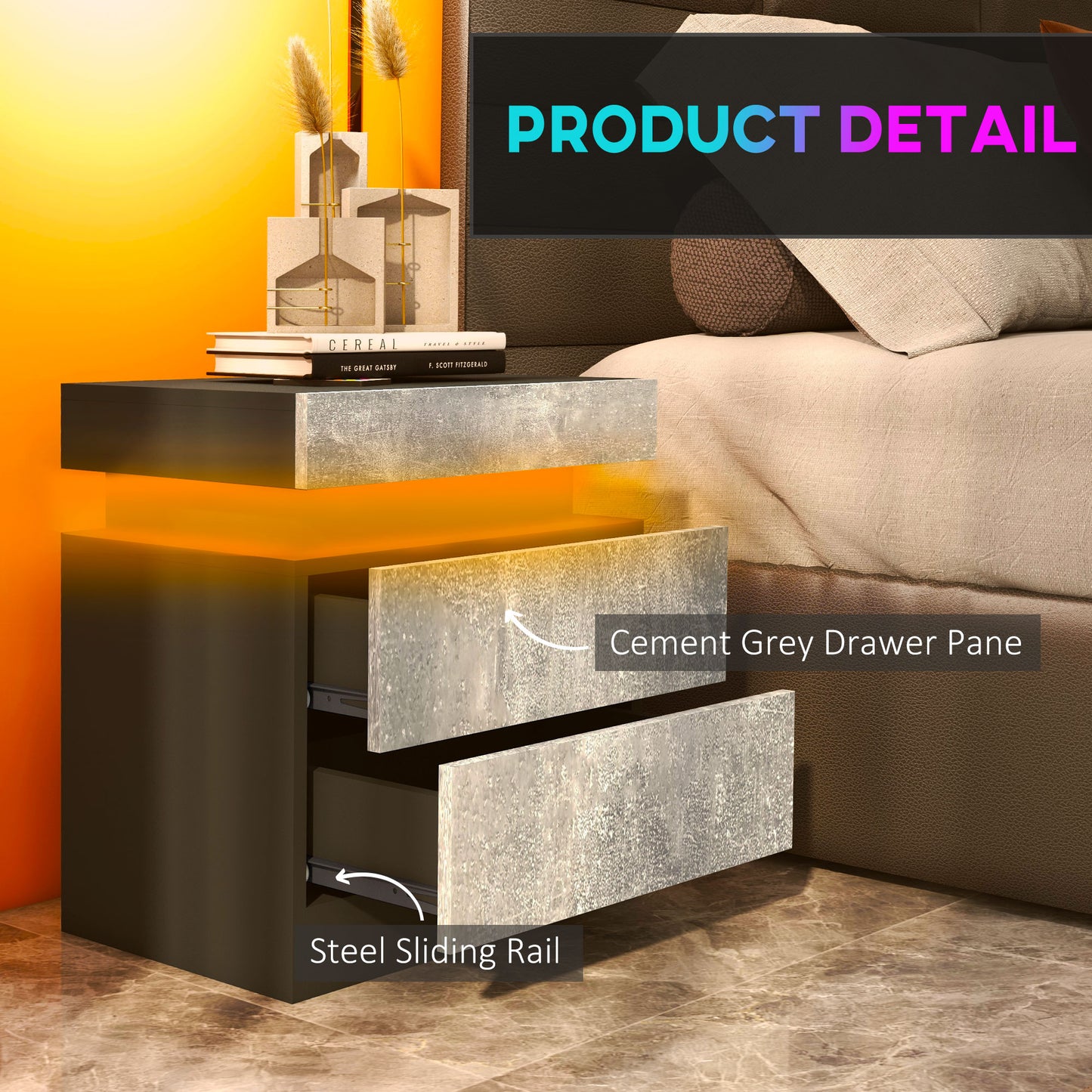 Table de chevet avec éclairage LED et 2 tiroirs pour chambre et salon, gris ciment