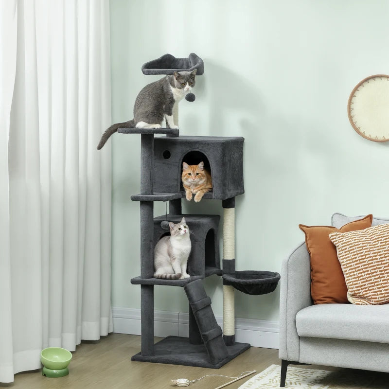 Arbre à chat de 160 cm avec griffoirs, cabanes, perchoirs moelleux, hamac, échelle, gris foncé