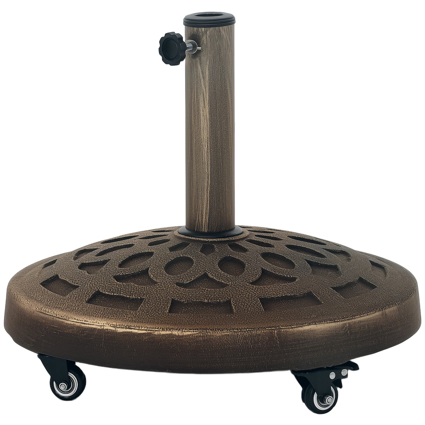 Pied de parasol rond avec roulettes en résine de 20 kg, robuste pour poteaux de 3,3 cm, 3,8 cm et 4,8 cm, bronze