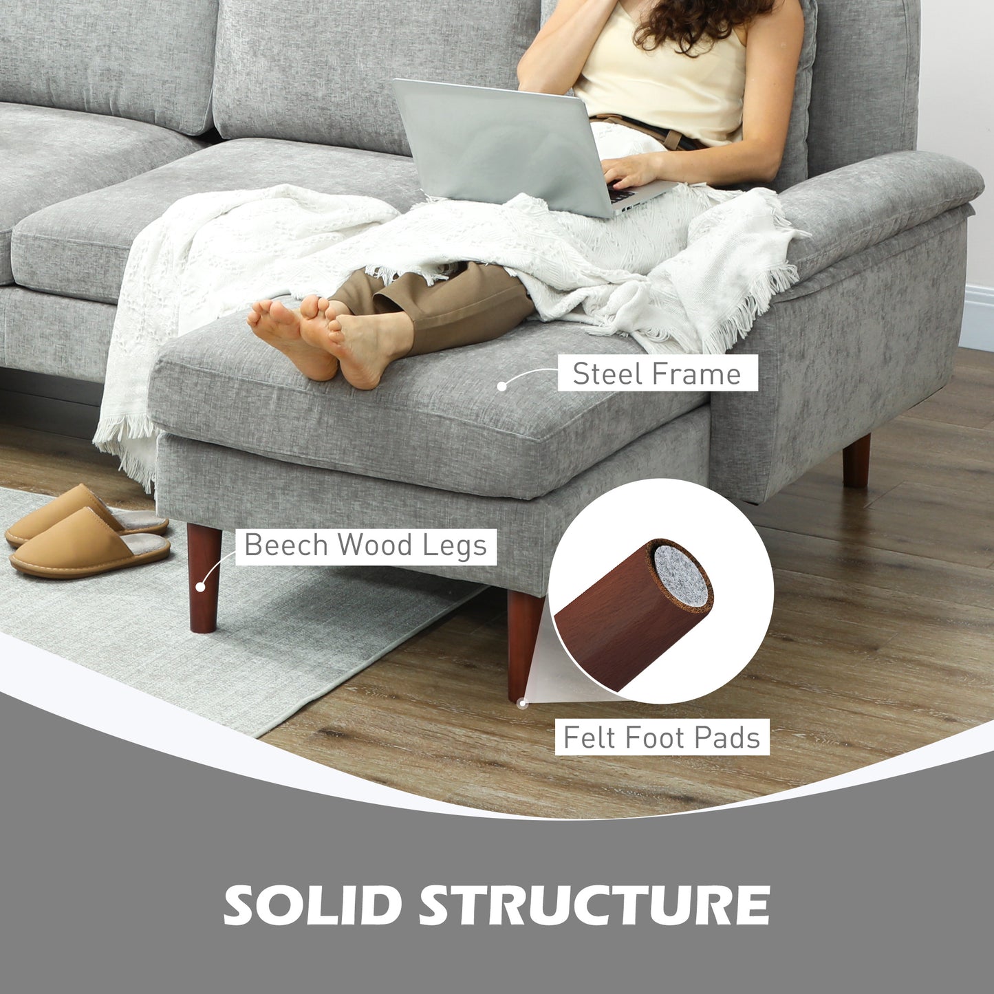 Modern Sectional Sofa with Removable Chaise, Cushions and Wooden Legs for Living Room, Gray