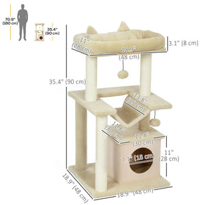 Arbre à chat à plusieurs niveaux de 99,25 cm avec griffoir, hamac, lit, balle et jouet - Beige