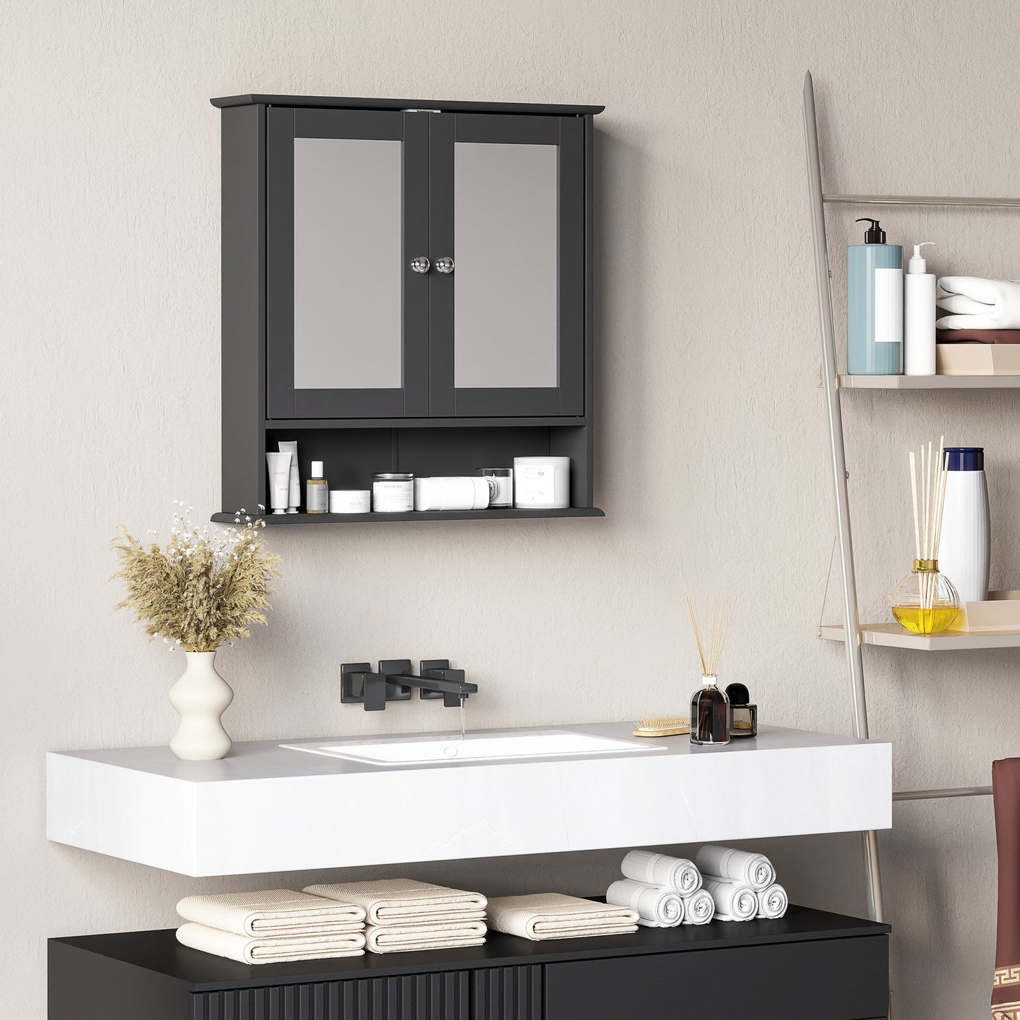 Armoire à pharmacie murale avec portes doubles, étagère ouverte et étagère réglable, noire