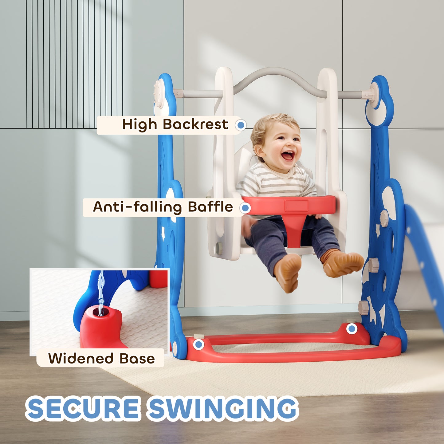 4-in-1 Slide and Swing Set with Basketball Hoop and Climber, for Boys and Girls Ages 1.5-4, Rocket Theme, Dark Blue