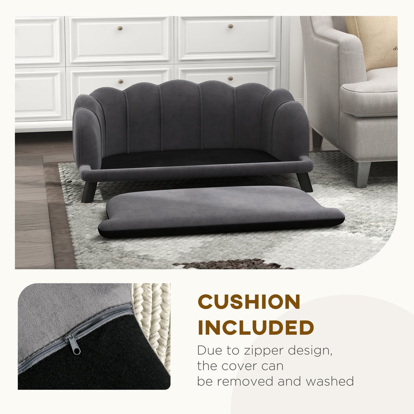 Canapé pour chien avec coussin amovible et pieds en bois pour chiens de taille moyenne et grande, gris foncé