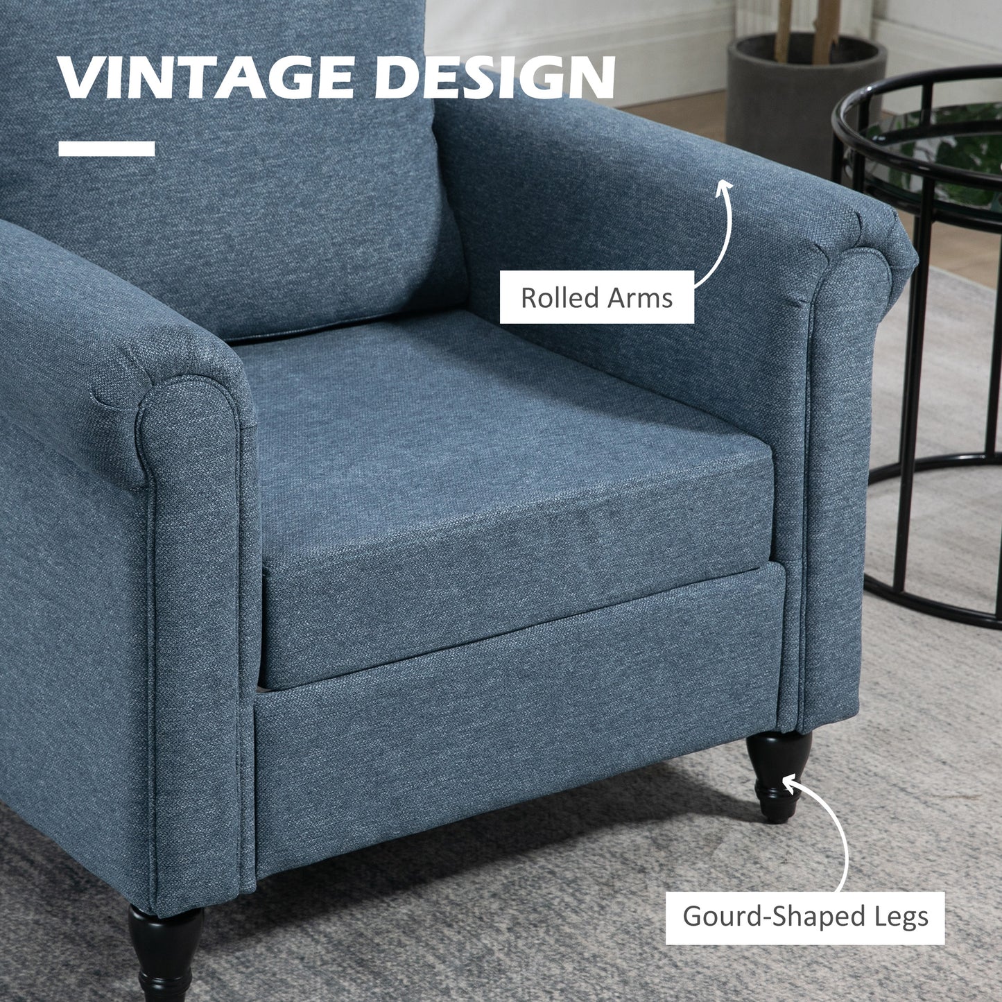Fauteuil d'appoint rembourré avec accoudoirs roulés, pieds en bois d'hévéa en forme de gourde, bleu foncé