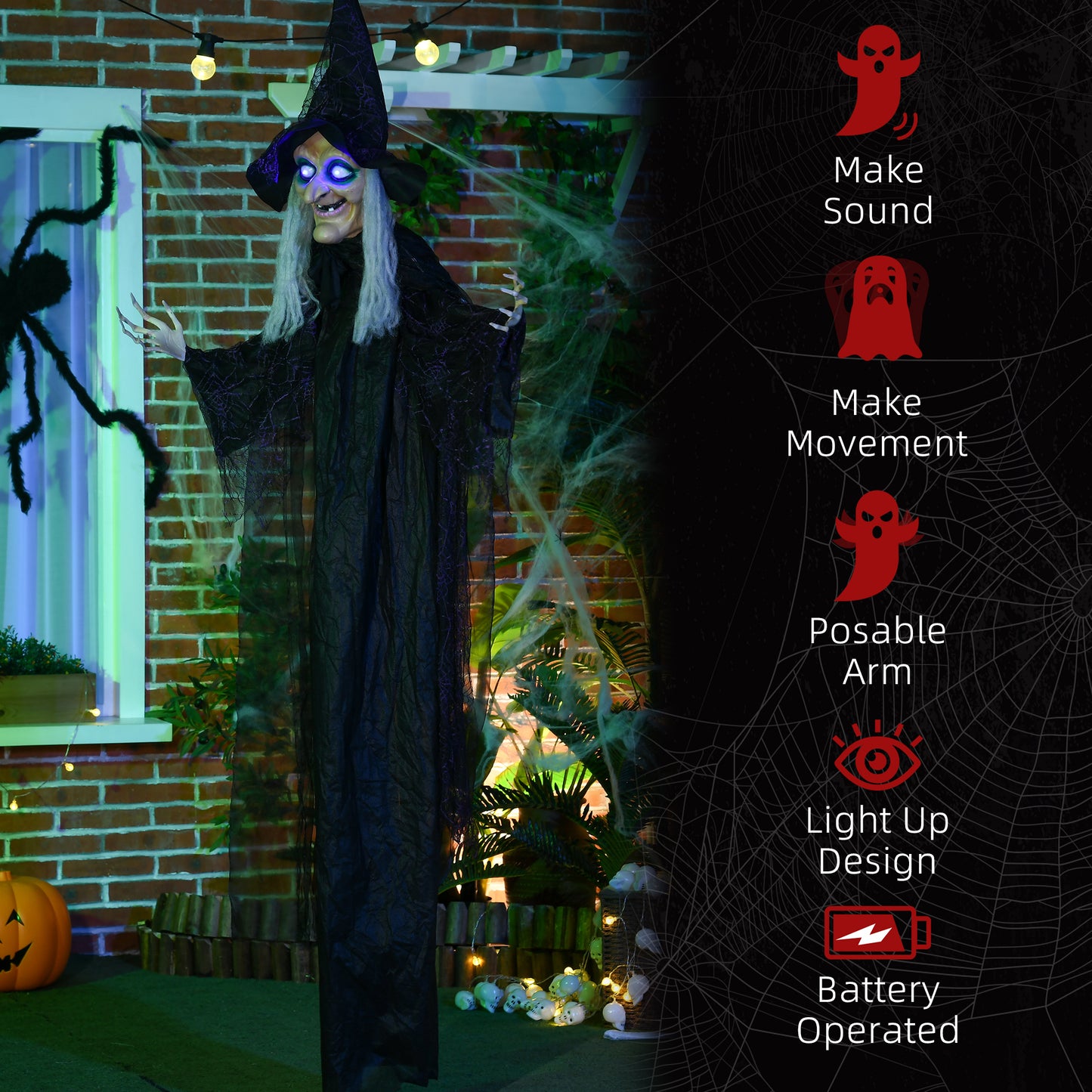 Décoration d'Halloween d'extérieur 1,80 m, sorcière noire grandeur nature, accessoire d'Halloween avec yeux lumineux