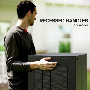 Coffre de rangement extérieur en résine avec poignées, étanche et résistant aux UV.