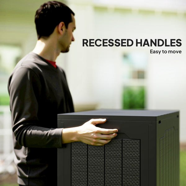 Coffre de rangement extérieur en résine avec poignées, étanche et résistant aux UV.