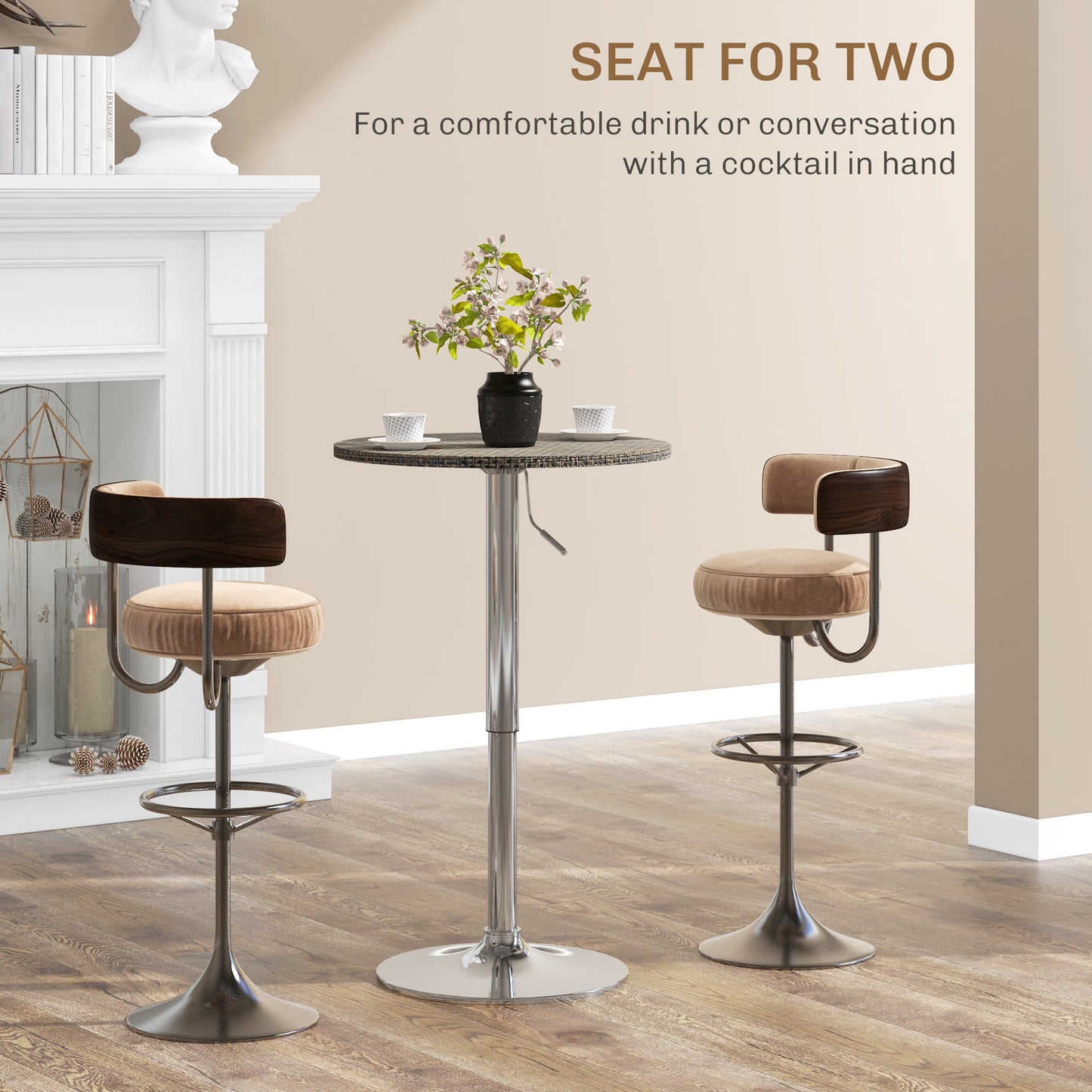 Table de bar réglable pour 2 personnes, ronde avec plateau en rotin synthétique et base en acier, marron