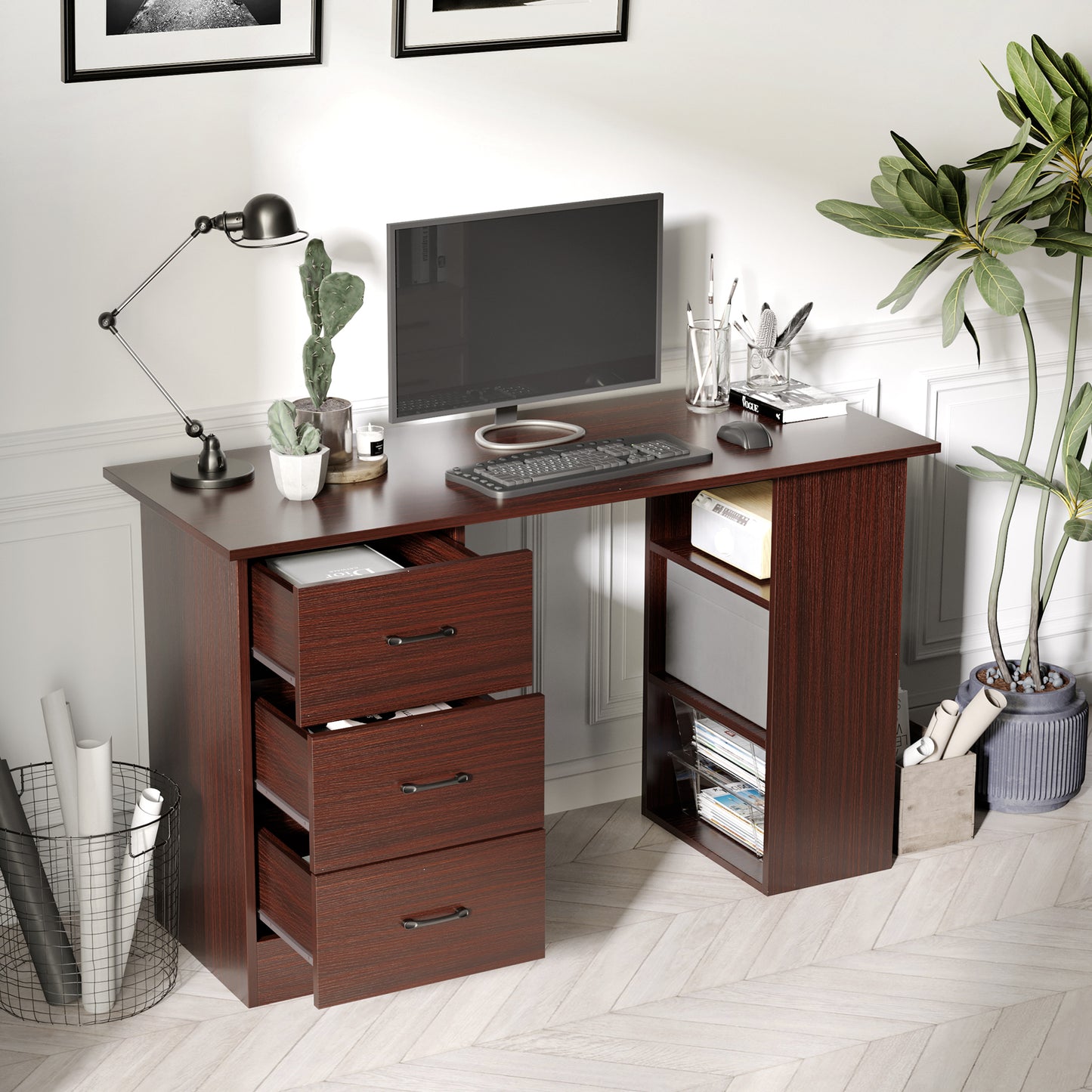 HOMCOM Computer Desk with 3-Tier Storage Shelves, 47-inch Home Office Desk with Drawers, Study and Writing Table, Walnut Color