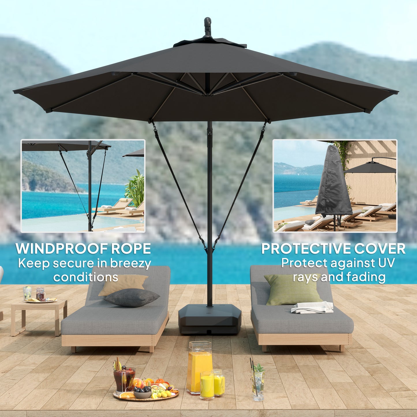 Outsunny 10FT Cantilever Umbrella with Fillable Base, Wind Strap and Cover, Offset Hanging Umbrella with Crank, UPF50+, Gray |