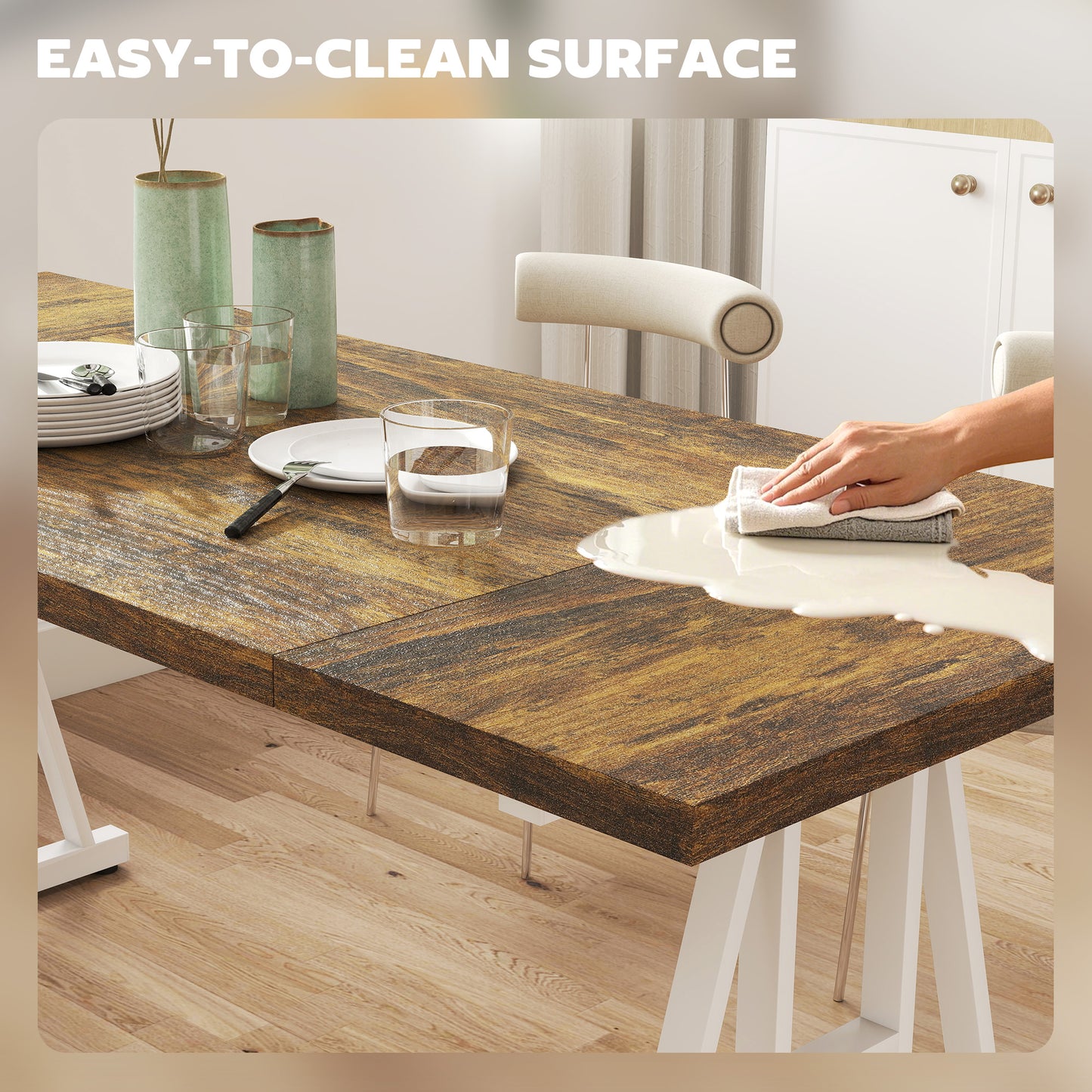 Table de cuisine style Farmhouse pour 8 personnes, rectangulaire avec plateau épais et pieds en tréteaux en acier, marron et blanc