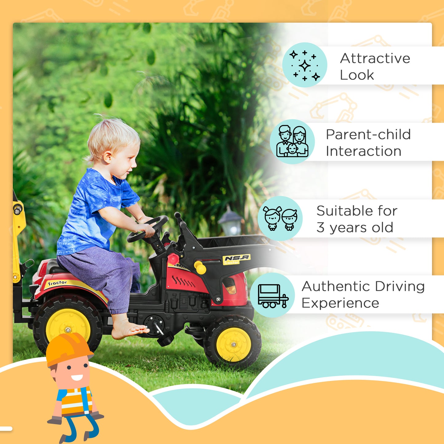 3 in 1 6-wheel excavator, bulldozer with controllable loading trailer and easy-to-use pedals