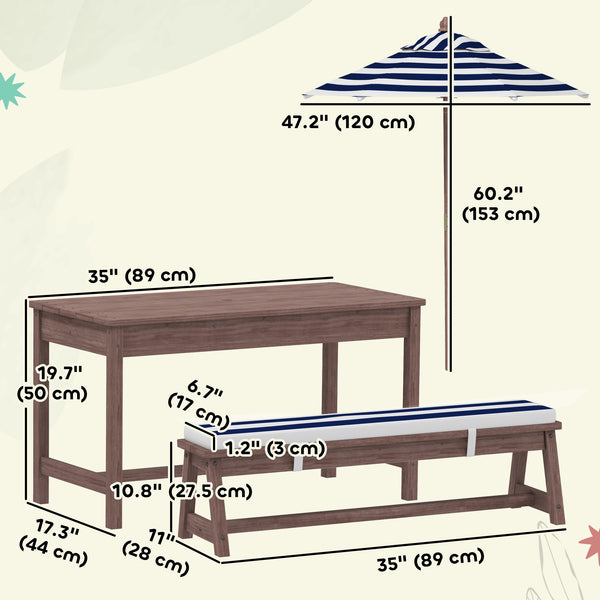 Ensemble table et banc de pique-nique en bois avec parasol amovible et coussins
