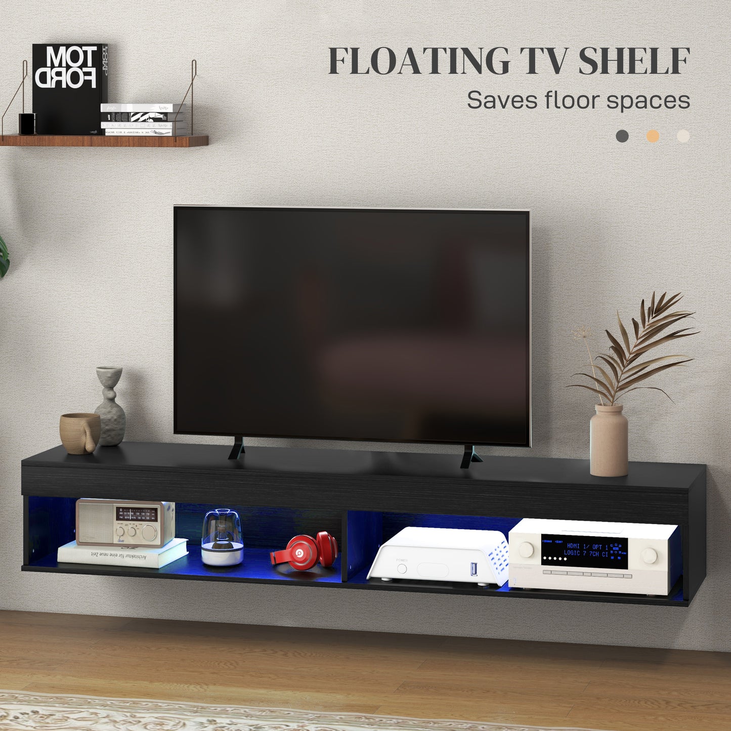 HOMCOM Modern Wall Mounted TV Stand with Storage and LED Lighting for TVs up to 75 inches, Floating TV Shelf for Living Room, Black