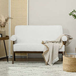 Canapé 2 places en tissu Boucle avec rembourrage épais et pieds en bois, blanc crème