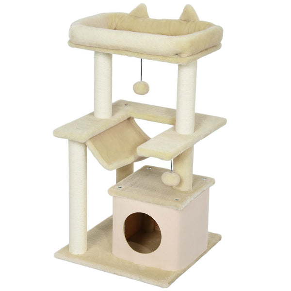 Arbre à chat à plusieurs niveaux de 99,25 cm avec griffoir, hamac, lit, balle et jouet - Beige