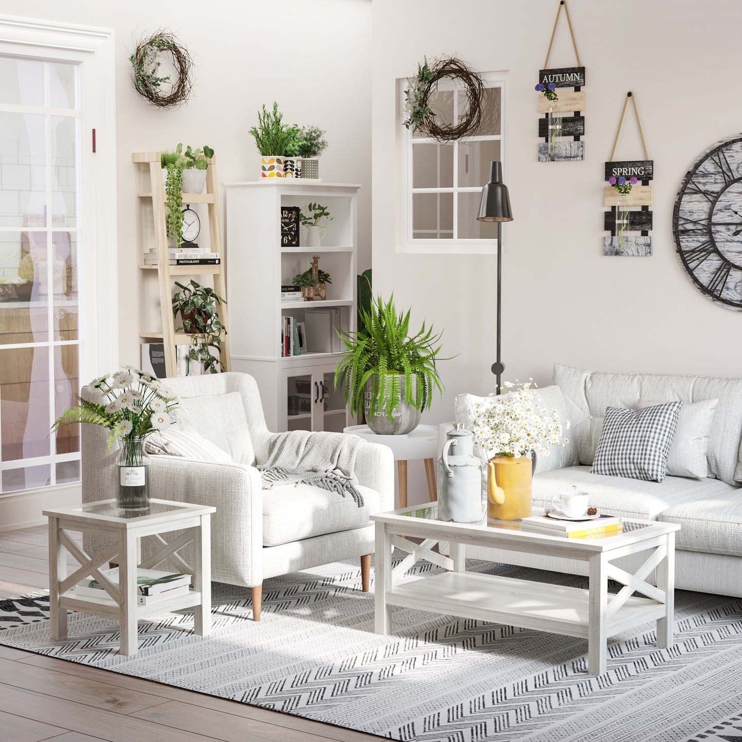 Table basse de style ferme avec plateau en verre trempé