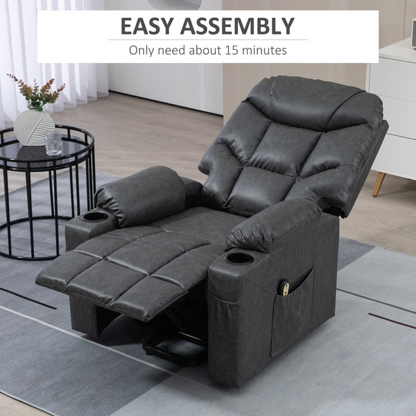 Fauteuil releveur inclinable électrique en cuir avec télécommande et porte-gobelets, gris