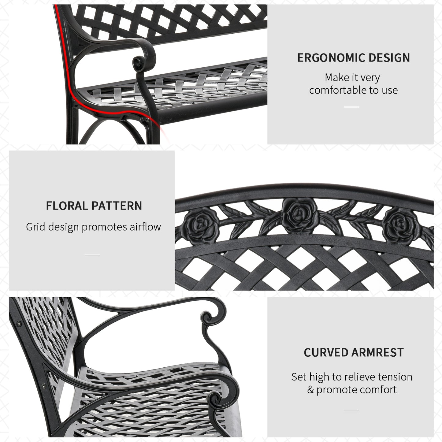 Banc de jardin d'extérieur avec cadre en aluminium et accoudoirs