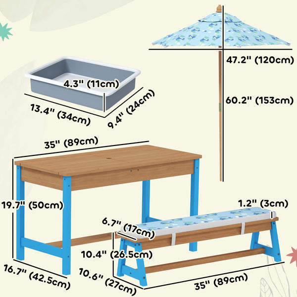 Ensemble table et banc de pique-nique pour enfants avec parasol amovible, bleu