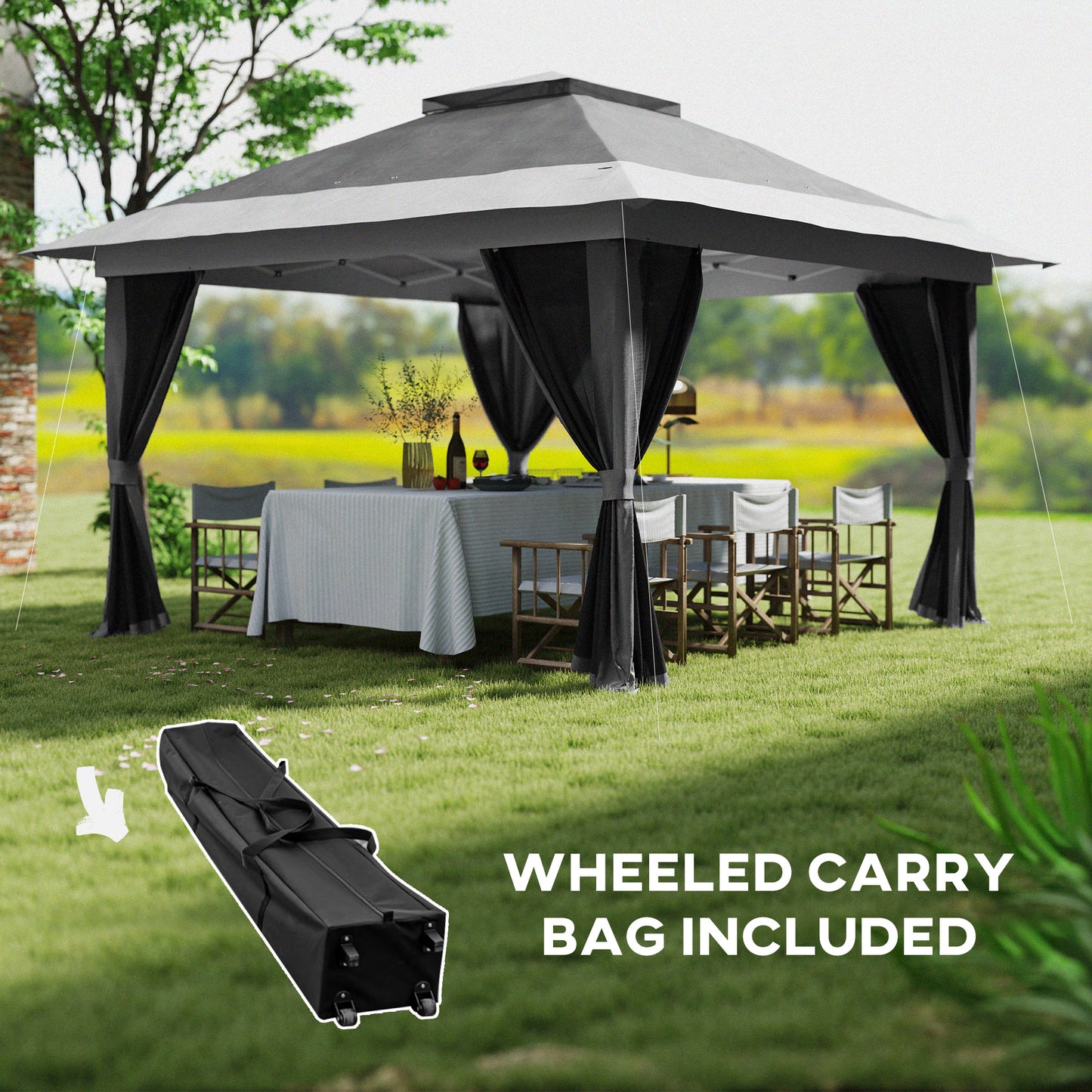 Gazebo 11,7' x 11,7' avec filet, abri solaire instantané UPF50+ avec sac de transport à roulettes et sacs de sable