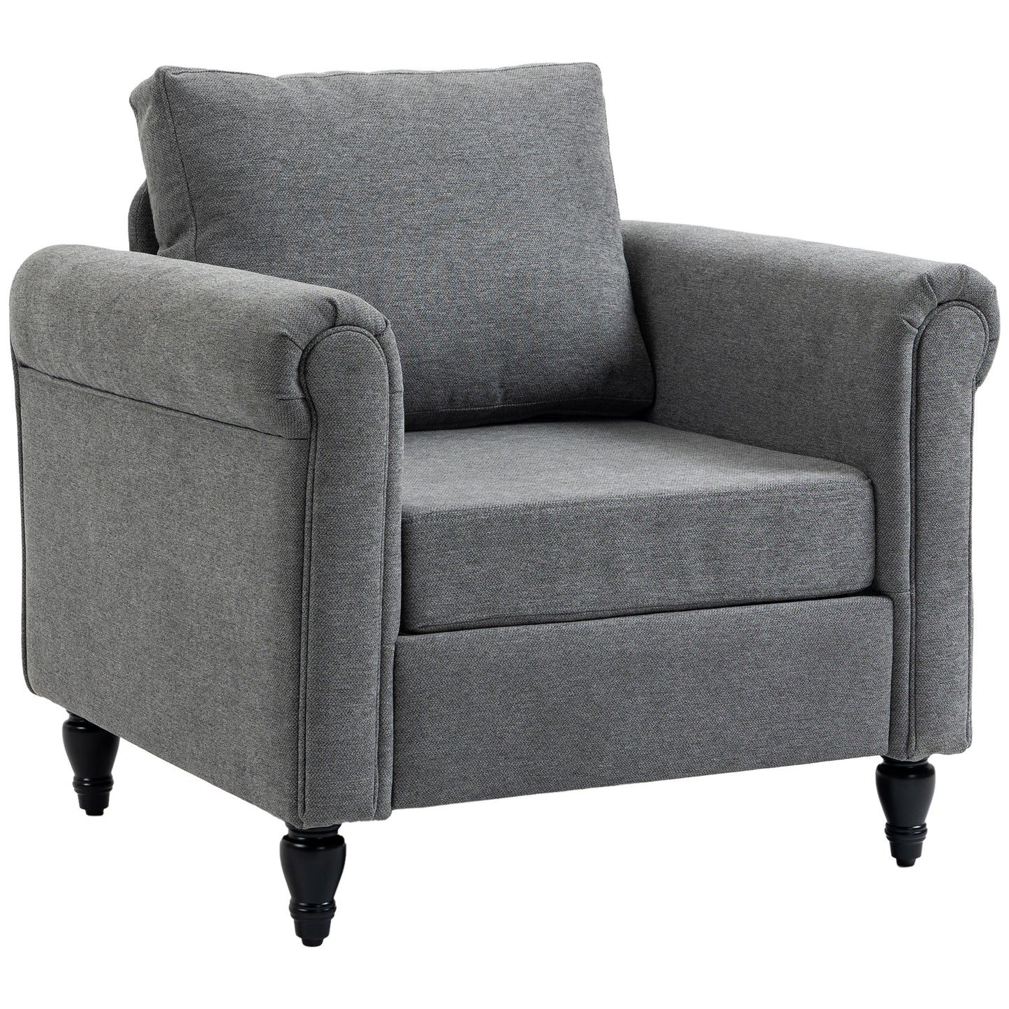 Fauteuil d'appoint rembourré avec accoudoirs, pieds en bois d'hévéa en forme de gourde, gris clair