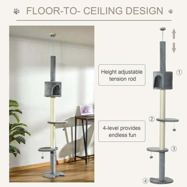 PawHut 4-Level Cat Tree, Ceiling Height, High Tower with Scratching Post, Soft Padding, Play Ball, Indoor Cat House, Light Grey