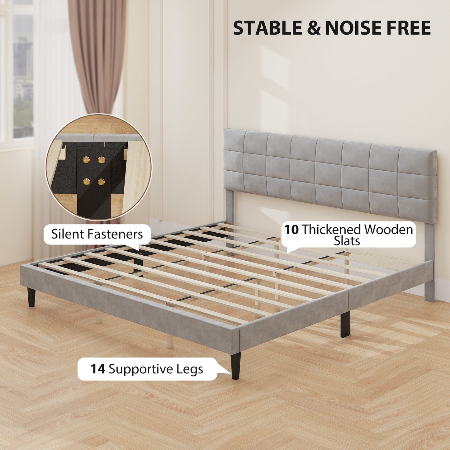 King size bed frame with upholstered headboard, wooden slats, 500 kg load capacity, grey