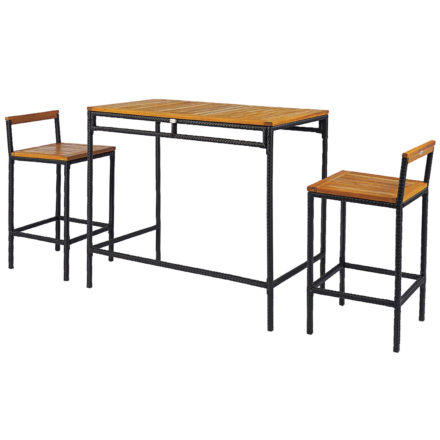 Ensemble de bar 3 pièces en osier, table et chaises de bar avec plateau en bois d'acacia, bois naturel