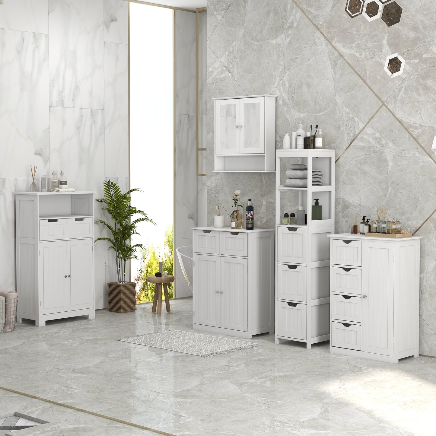 Meuble de salle de bain avec 2 tiroirs, étagère réglable, blanc