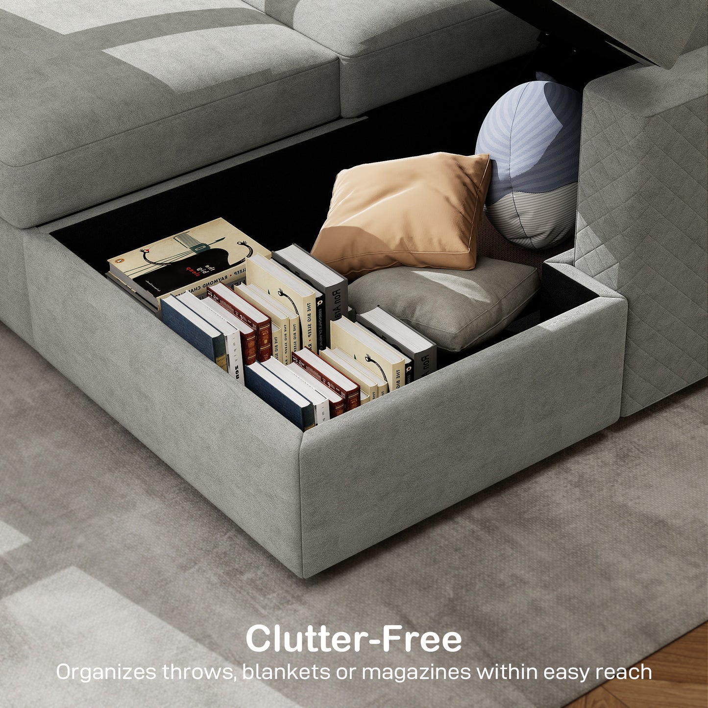 Sofa bed with hidden storage, chaise longue, velvet upholstery, gray