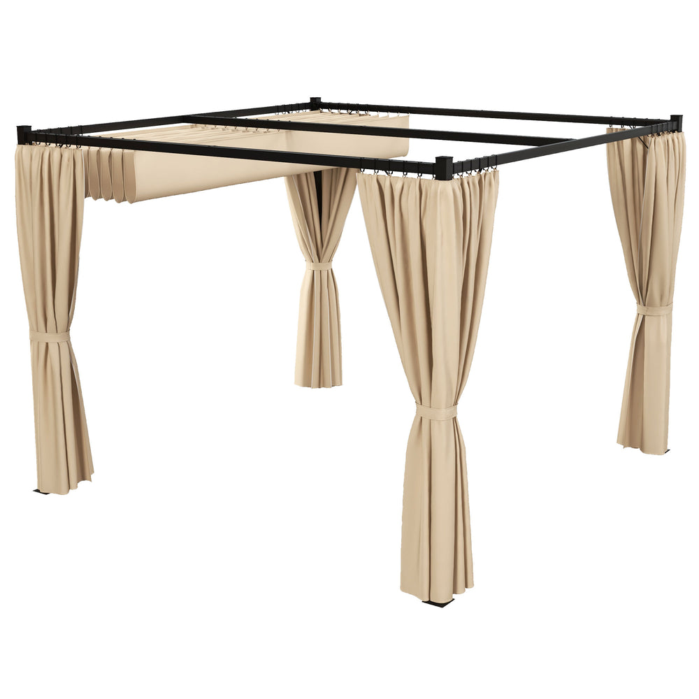 Pergola rétractable beige 10 x 10 pieds équipée de rideaux, idéale pour barbecue, patio ou terrasse extérieure