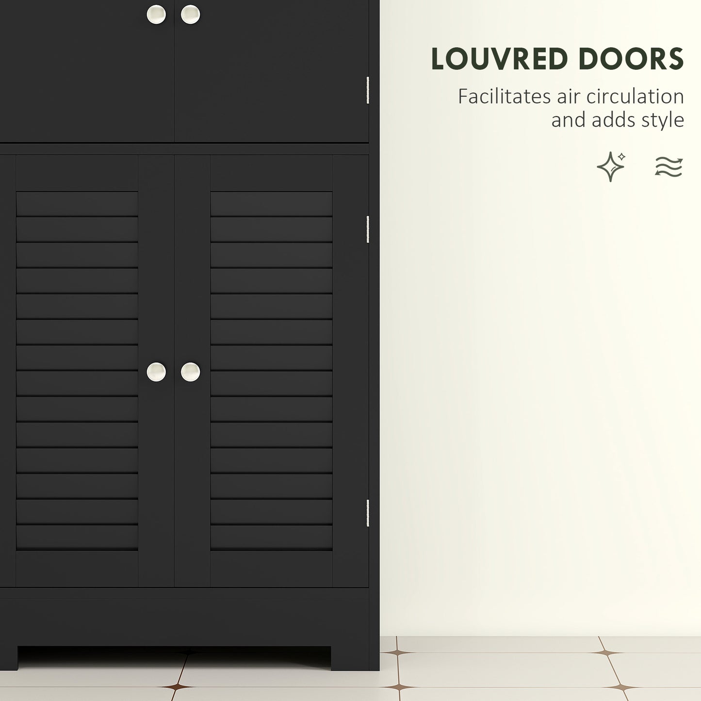 Freestanding bathroom cabinet with glass doors, black