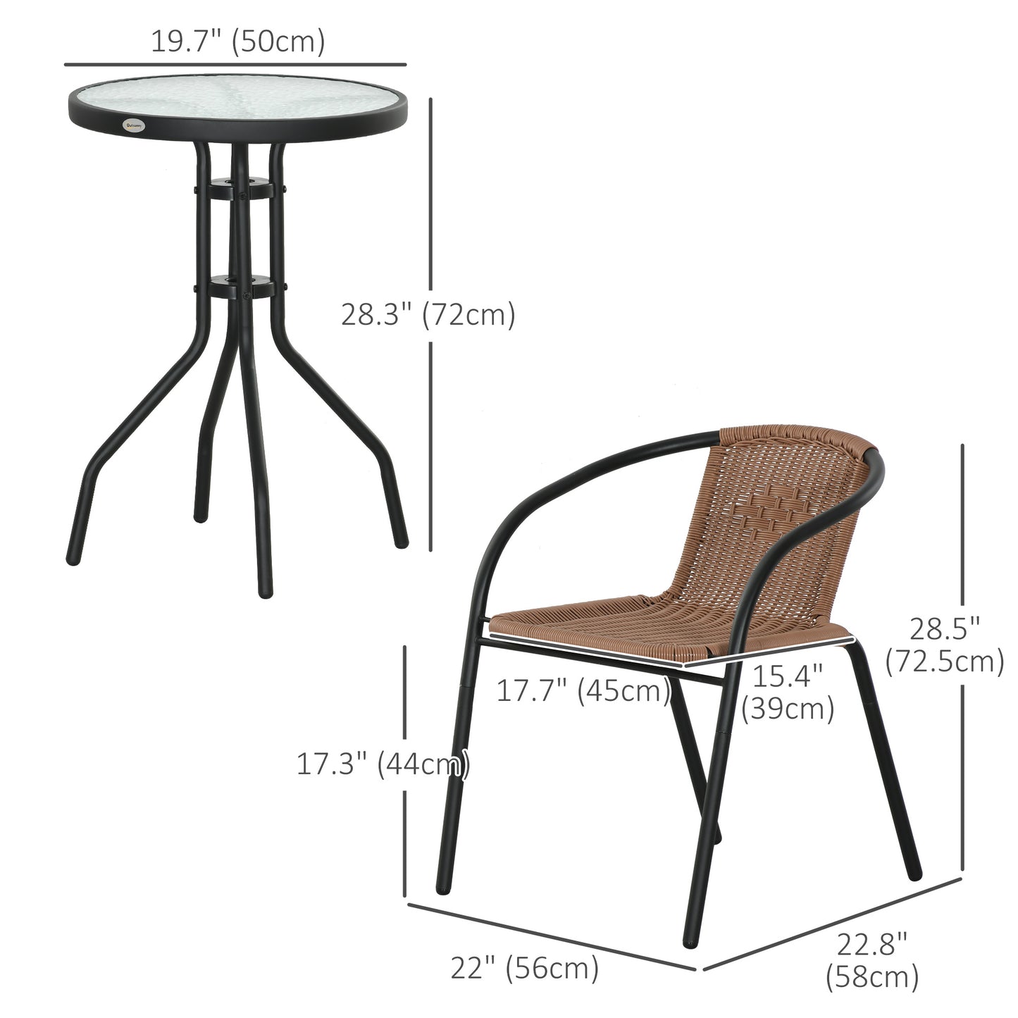Outsunny 3-Piece Wicker Outdoor Furniture Set with 2 Stacking Chairs and Tempered Glass Coffee Table for Garden Backyard, Brown