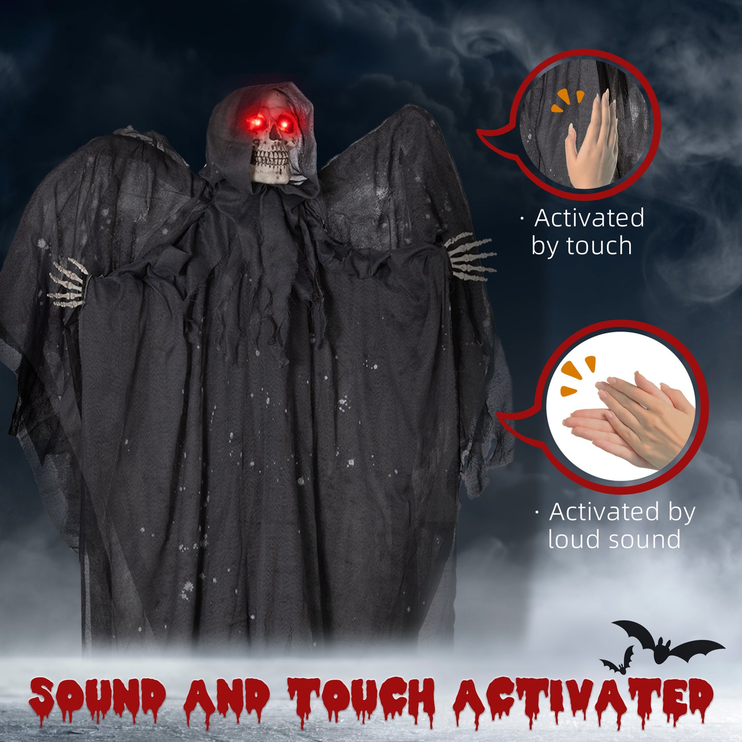 Grandeur Nature Faucheuse 6,4 pieds, Ailée Décoration d'Halloween Extérieure animé avec Yeux Lumineux