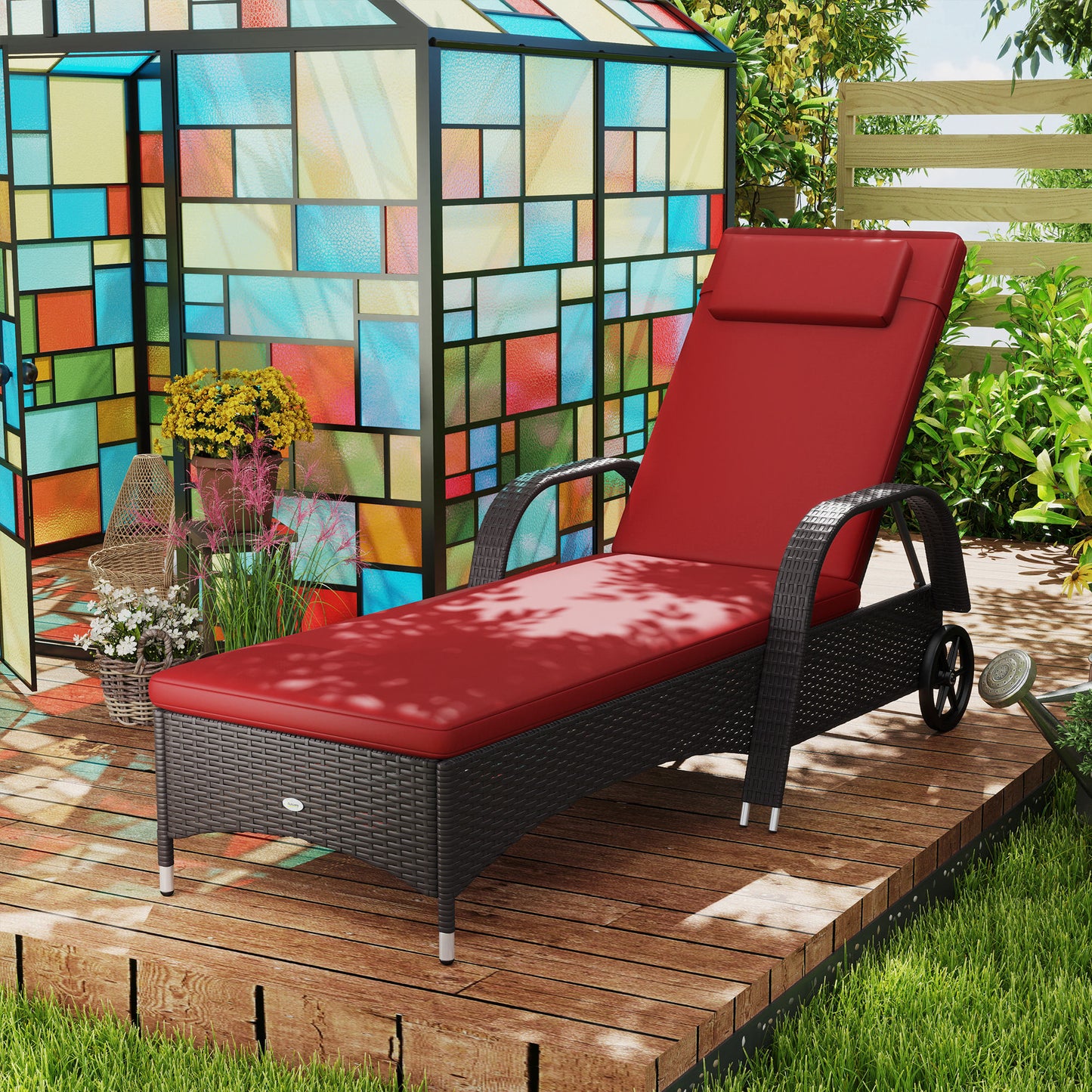 Outsunny Outdoor Sun Lounger, Lounge Chair with Headrest, 5 Level Adjustable, Backrest, Casters, Deep Coffee and Wine Red |
