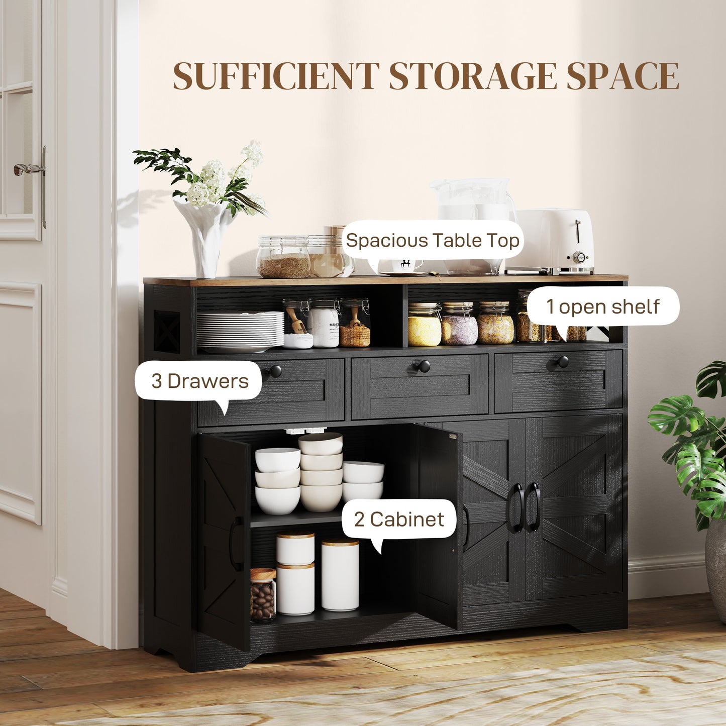 Buffet avec 4 portes de grange et 3 tiroirs, meuble bar à café avec étagères réglables, noir